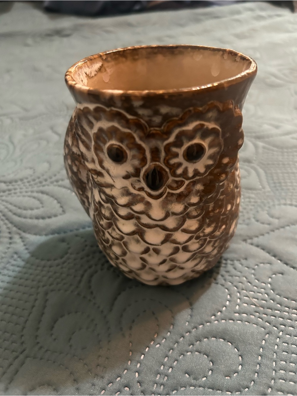 Ceramic Owl Hand Warmer Mug - Brown  and Cream Decorative Accent
